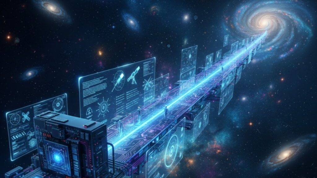 A futuristic digital pathway displaying holographic space data extending toward a glowing distant galaxy.