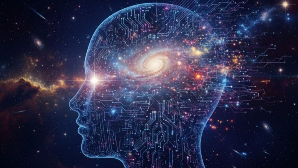 A digital human head silhouette filled with circuitry blending into a swirling cosmic galaxy.