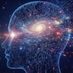A digital human head silhouette filled with circuitry blending into a swirling cosmic galaxy.
