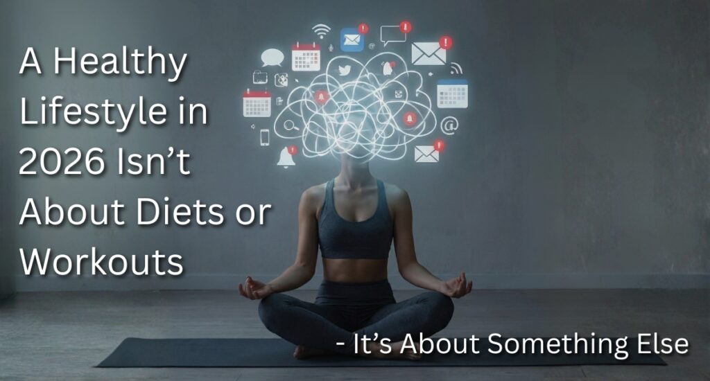 A person meditating while overwhelmed by digital notifications, symbolising mental exhaustion and the shift toward emotional wellness in a healthy lifestyle in 2026.