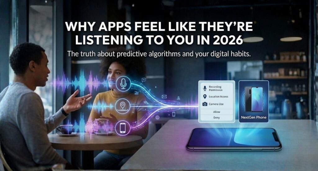 Visual showing apps analysing conversations and digital behaviour, explaining why apps feel like they’re listening to you in 2026 through predictive algorithms and data tracking.