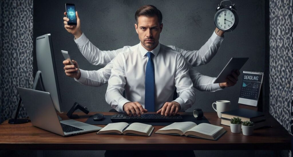 Overworked professional juggling multiple devices and deadlines, representing career pressure in India and the shifting definition of success in 2026 toward work-life balance and mental wellbeing.