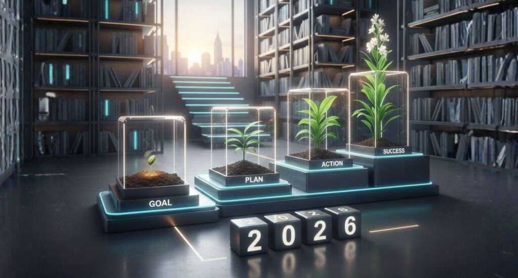 Visual showing stages of growth from goal to success in 2026, symbolising a modern definition of success focused on stability, balance, and sustainable career growth rather than constant hustle.