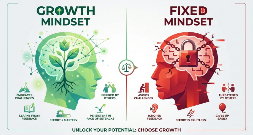 Comparison of growth mindset and fixed mindset in 2026, illustrating a modern success mindset focused on sustainable career growth, mental health, and balance over constant pressure.