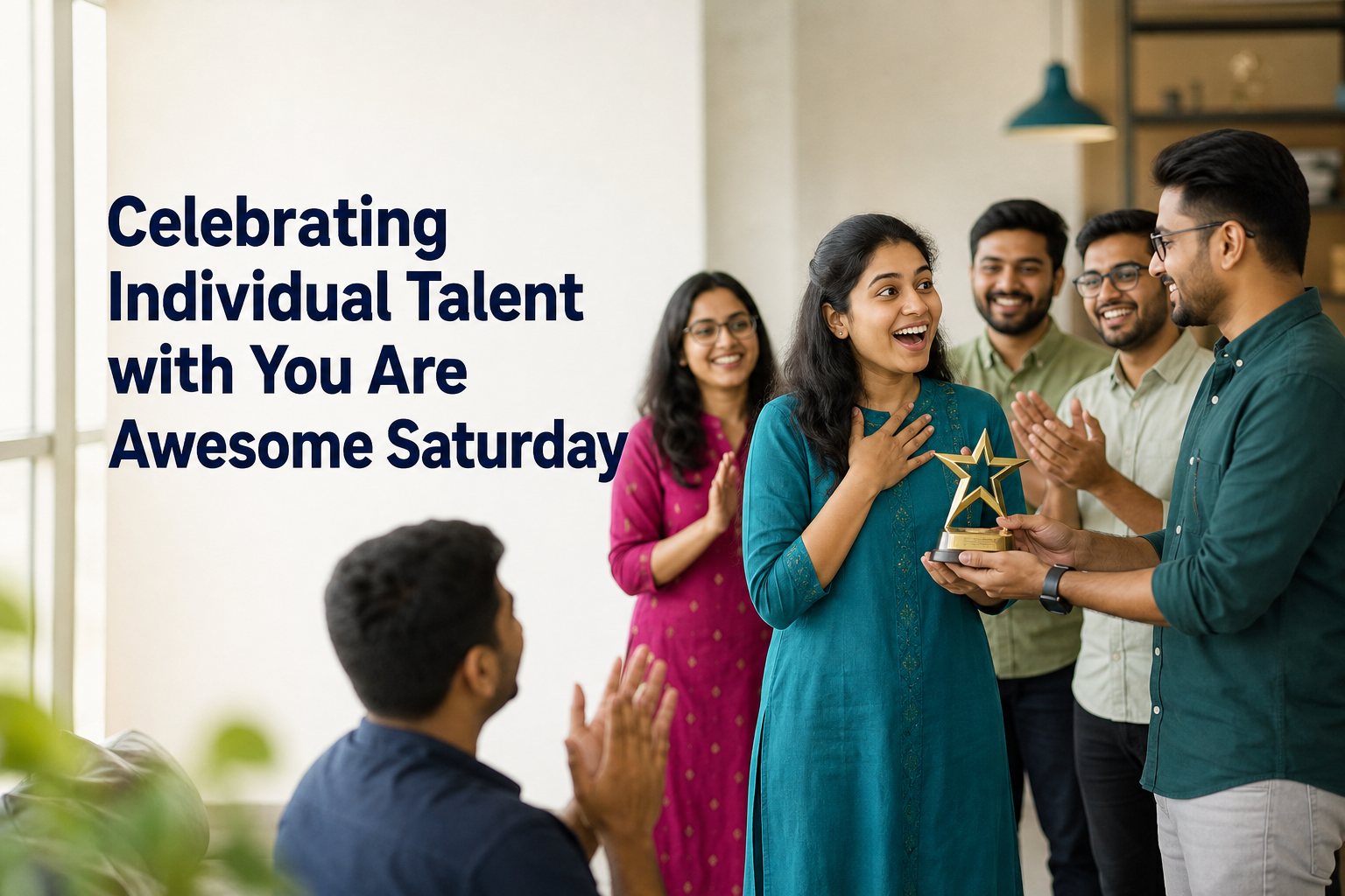 Indian colleagues celebrate an employee receiving recognition for her individual talent at a warm office gathering.