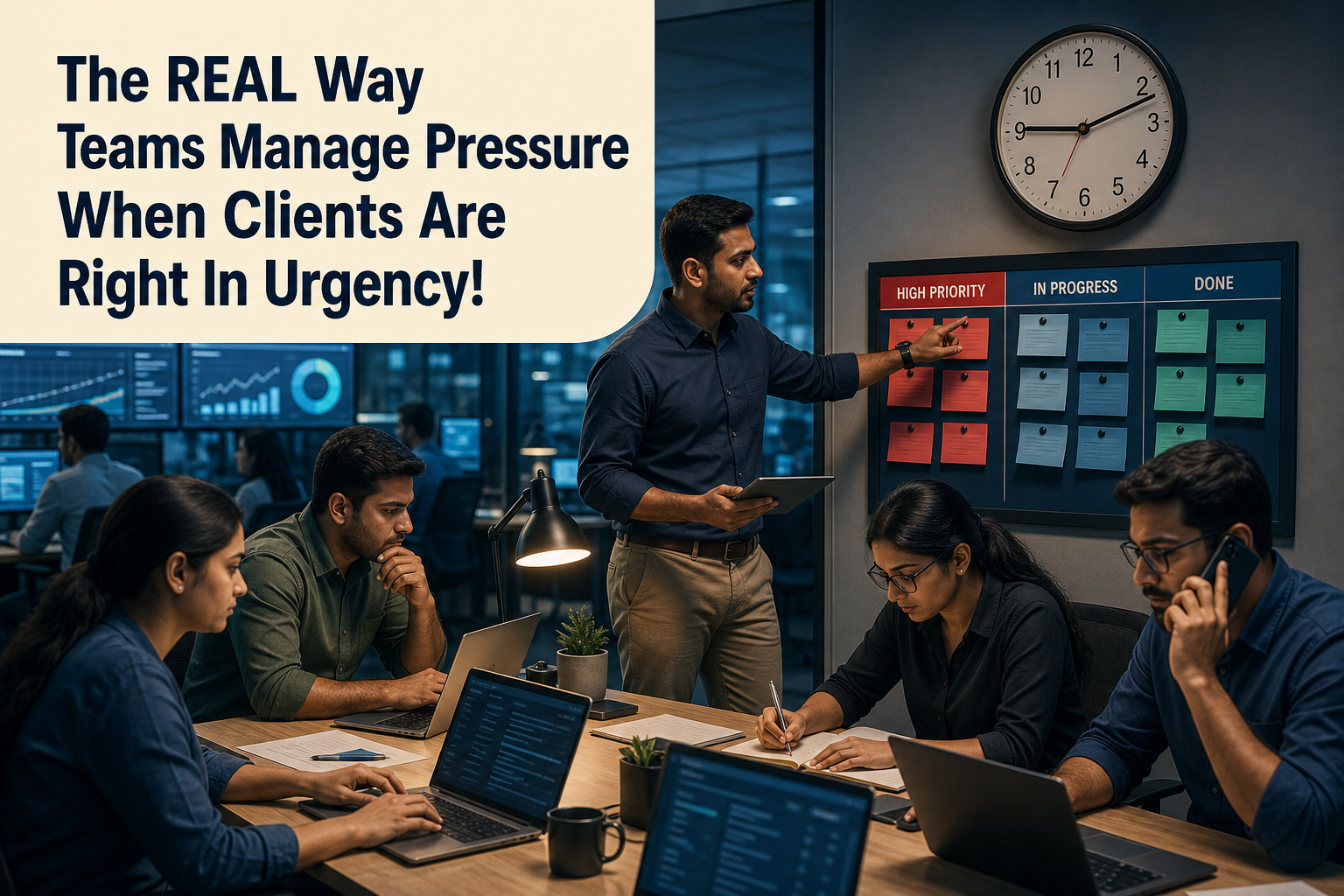 An Indian project team calmly coordinates urgent client priorities in a focused operations room.