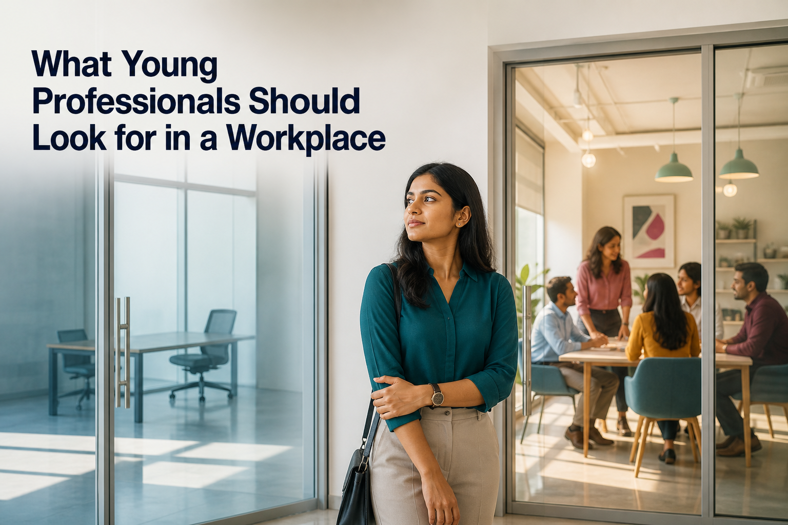 A young Indian professional considers a welcoming collaborative workplace and an empty isolated office.
