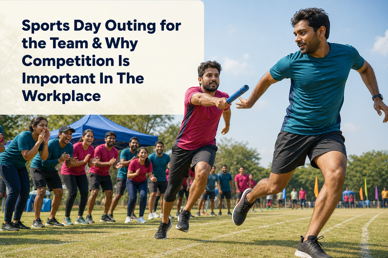 Indian coworkers compete in a friendly outdoor relay race during a company sports day.