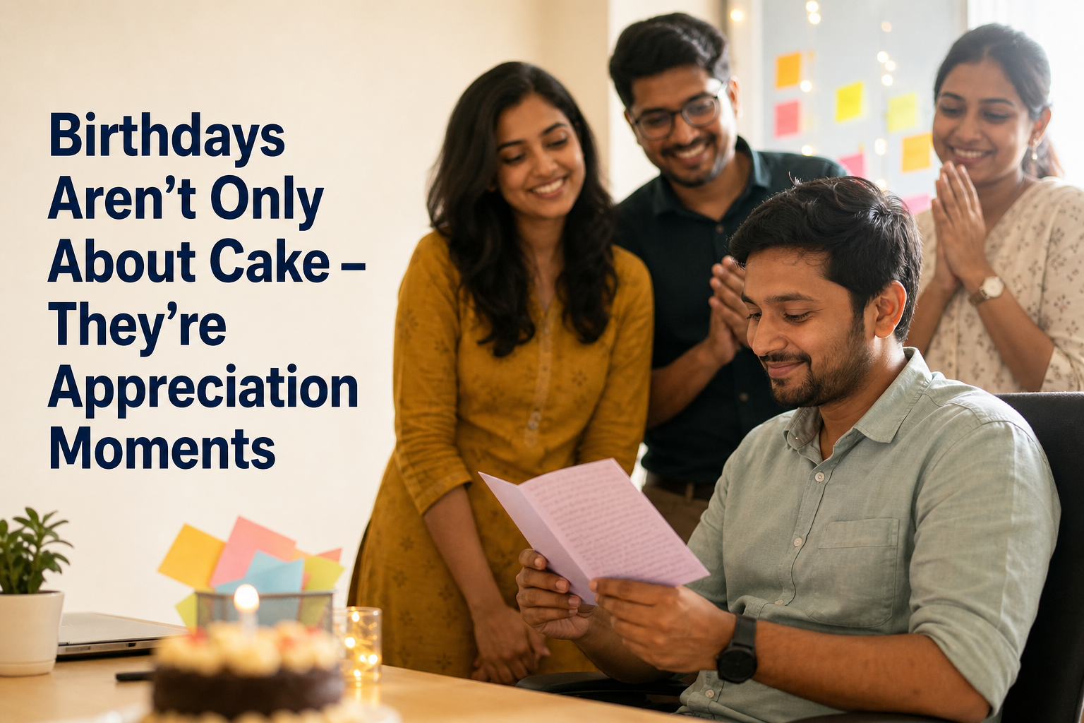 Coworkers share a sincere birthday appreciation moment with a colleague reading a recognition card.
