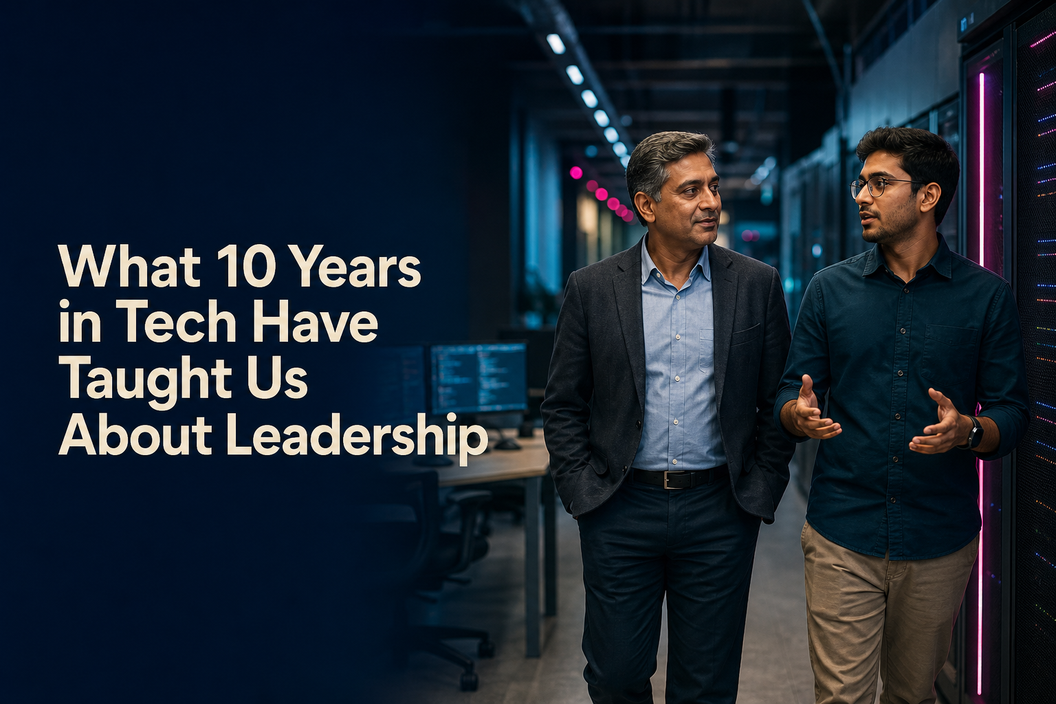 An experienced Indian technology leader mentors a younger colleague while walking through a modern workspace.