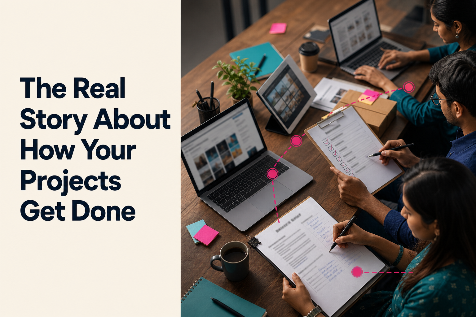A behind-the-scenes project workflow connects client briefing, research, quality checks and final delivery.