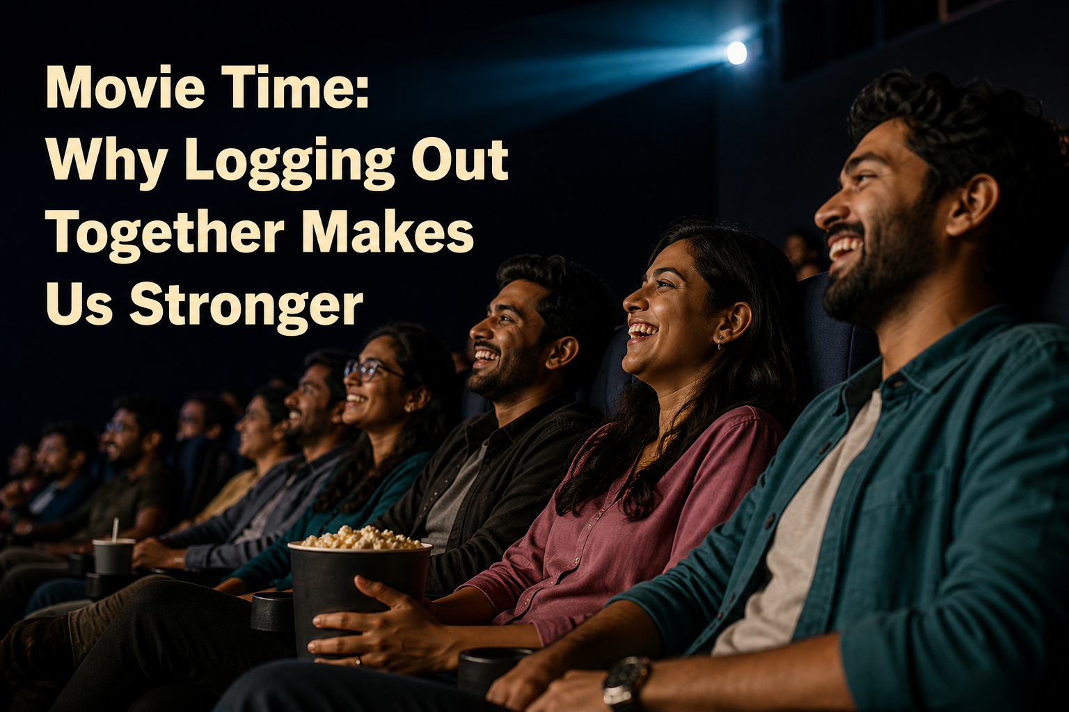 Indian coworkers relax and bond together during a team movie outing after work.