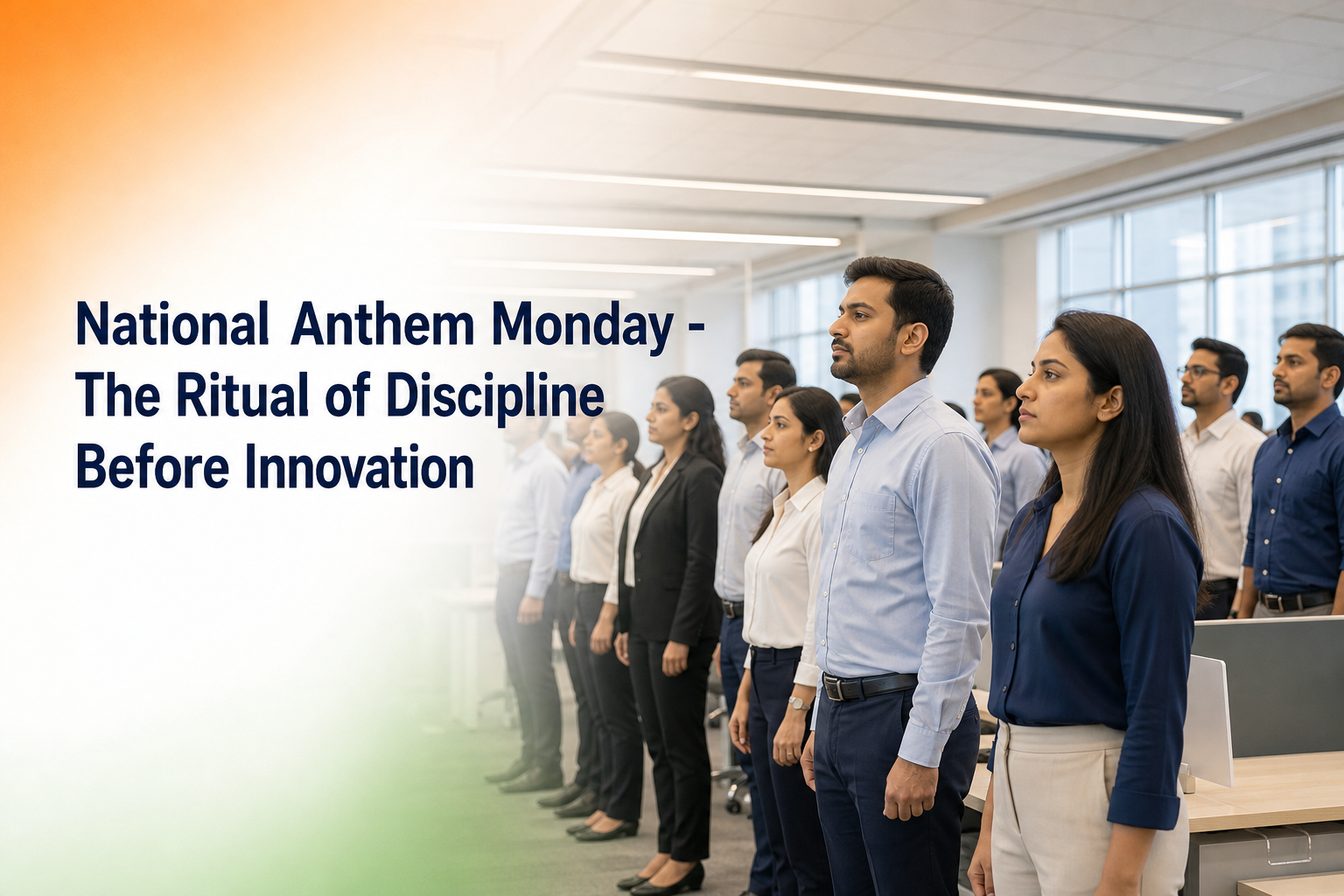 An Indian office team stands together respectfully during the National Anthem at the start of Monday.